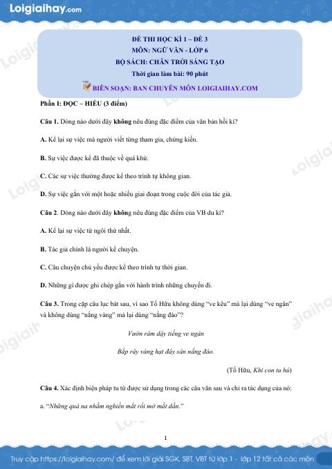 Đề thi học kì 1 Văn 6 Chân trời sáng tạo - Đề số 3